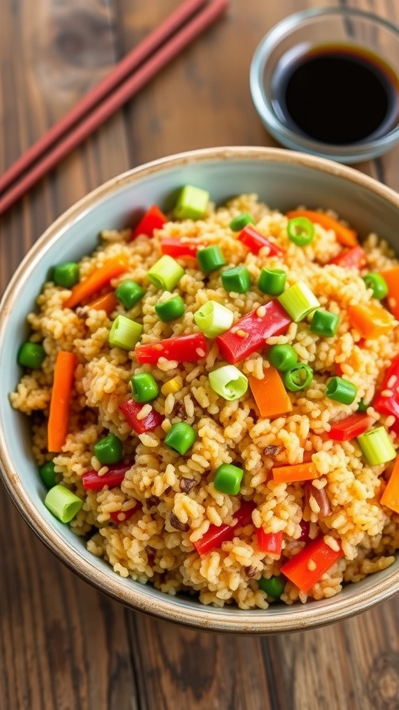 Bowl of quinoa fried rice with mixed vegetables and green onions, styled with chopsticks on a wooden table.